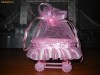 Marturie botez carucior/ leagan din plastic 8 cm cu saculet din organza roz pentru fete/ fetite/ bebe. Realistic, frumos, de calitate
