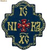 Cruce traditionala romaneasca din lemn,pictata cu simbolistica ortodoxa, reprodusa dupa model din muzeu.