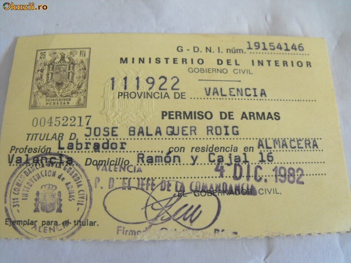 PERMIS de  PORT-ARM - SPANIA 1982 foto mare