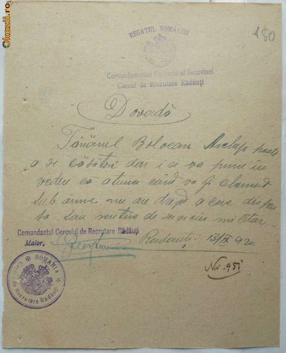 Dovada , Cercul de recrutare Radauti , 1920 foto mare