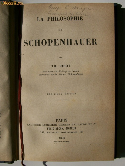 TH RIBOT LA PHILOSOPHIE DE SCHOPENHAUER 1888 foto mare