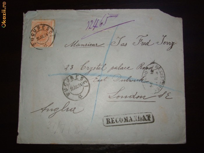 Plic 1894 , Bucuresti la Londra cu timbru spic de grau foto mare