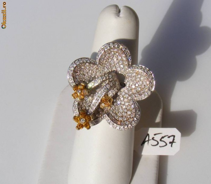 Inel designer aur 18K, 18g, montura FLOARE cu 1.86ct BRILIANTE albe si canary !! foto mare