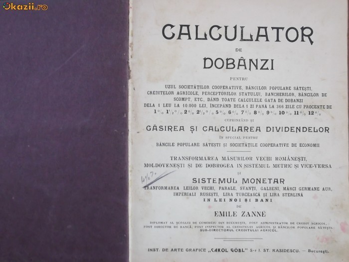 Emile Zanne-Calculator de dobanzi, 1907, cu autograful autorului foto mare