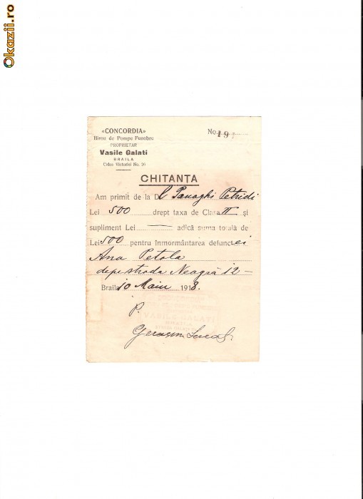156 Document vechi-1918-Chitanta catre Panaghi Petridi(grec?)(deces,Ana Petala)-,,Concordia Birou de Pompe Funebre,propietar Vasile Galati,dinBraila foto mare