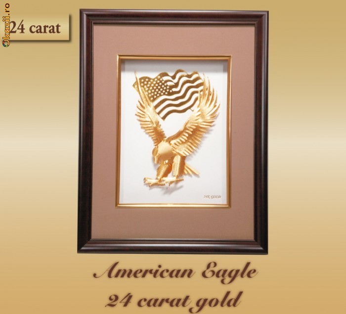 EXTRAORDINAR ! UNICAT IN ROMANIA ! VULTURUL AMERICAN AL LIBERTATII DIN FOITA DE AUR 24K !!!   INSOTIT DE CERTIFICAT DE CALITATE !!! foto mare