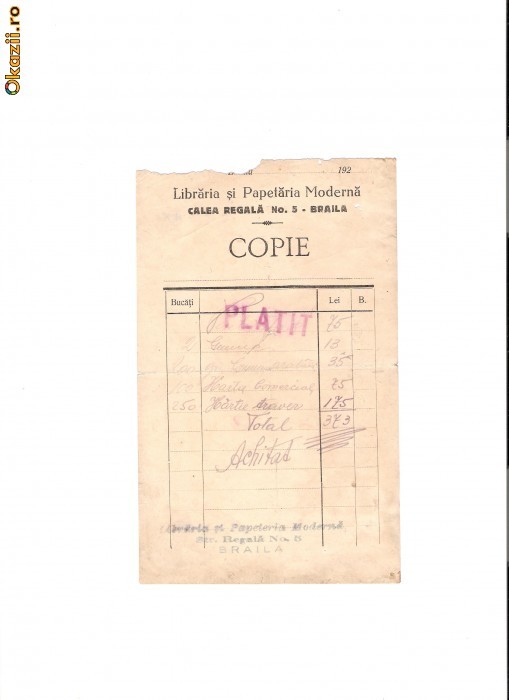 172 Document vechi-192... -Libraria si Papetaria Moderna -Calea Regala No.5 -Braila -Copie foto mare