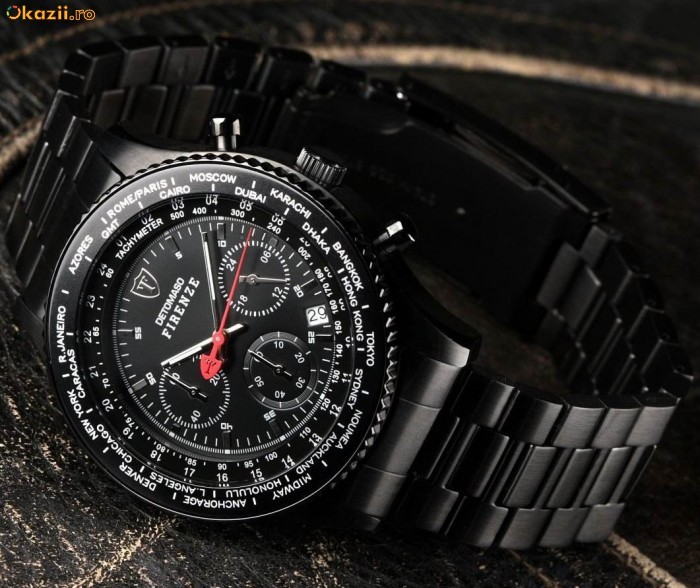 Ceas Chronograph  DETOMASO  FIRENZE Black , bratara metalica , data , 10 ATM foto mare