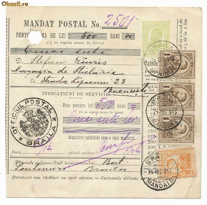 RFL 1913 ROMANIA mandat postal francat cu 4 timbre Gravate si 2 taxa de plata foto mare