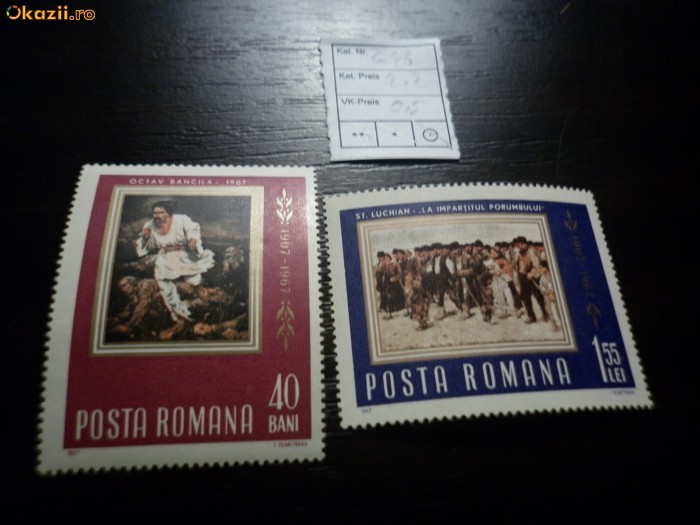 Romania LP 648 , 60 de ani de la rascoala taranilor 1967 , cal a II a , MNH/** foto mare