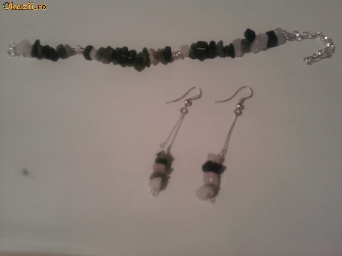 Set cercei+bratara din pietricele alb sidef-gri-negru-cafeniu foto mare