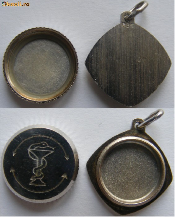 Medalion vechi din argint cu emblema medicinei foto mare