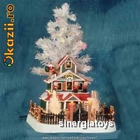 Casuta rosie decorativa cu un bradut ce lumineaza 26 cm foto mare