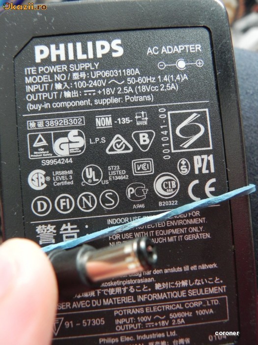 Alimentator Incarcator Monitor LCD Philips 18V 2.5A UP06031180A foto mare