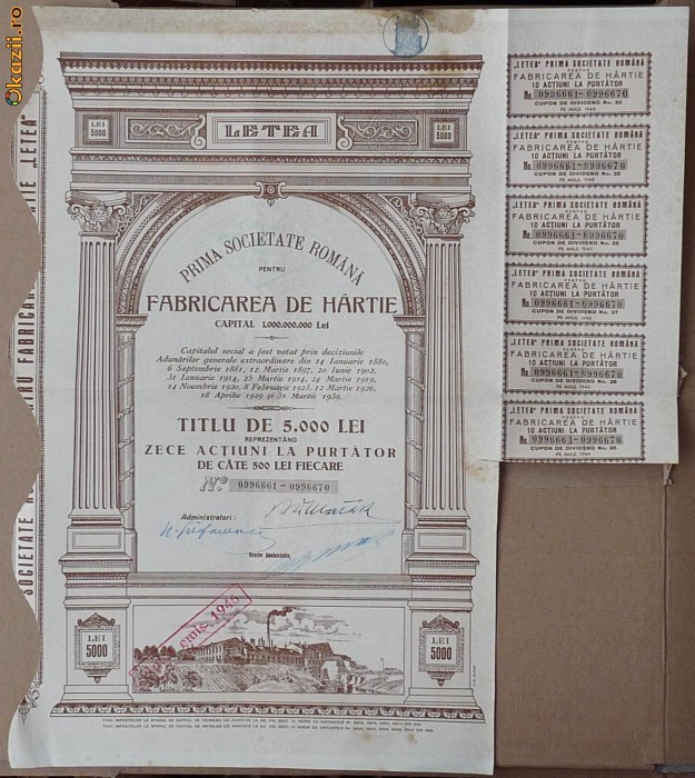 Actiune Fabrica de hartie Letea , 1946 foto mare