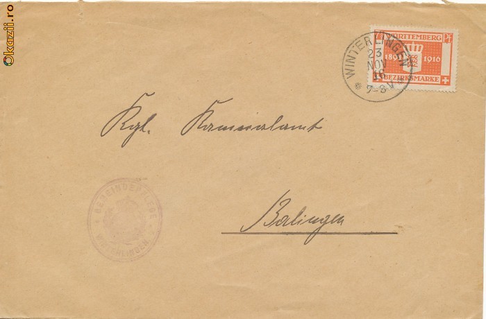 RFL 1916 plic Germania circulat cu timbru rar emis de landul Wurtemberg foto mare