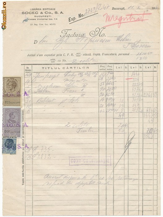 RFL 1940 Document Editura Socec 3 timbre perfins foto mare