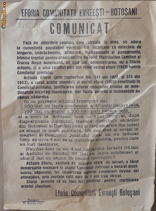 Comunicat al eforiei comunitatii evreiesti din Botosani,1924,2 foto mare